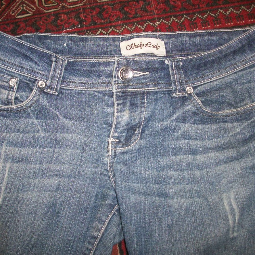 Shady Lady Slim Straight Womens Denim Jeans Distressed Low Rise 31 Inseam Size 5